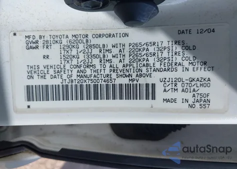 2005 Lexus Gx 470 from USA, damaged, VIN JTJBT20X750074657